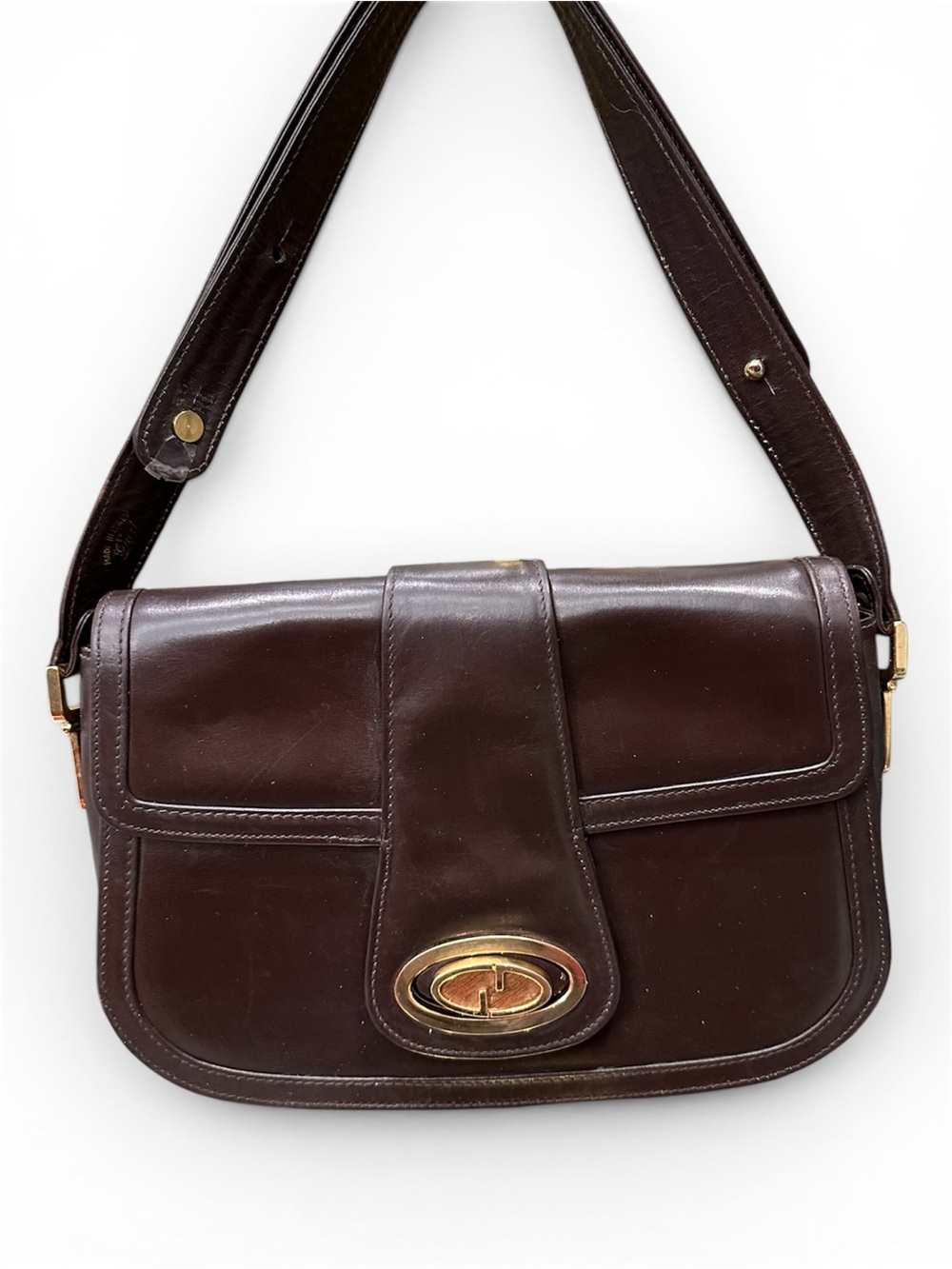 Vintage Gucci Brown Leather Shoulder Bag Wood Turn Lock 70s 80s Adjustable Strap